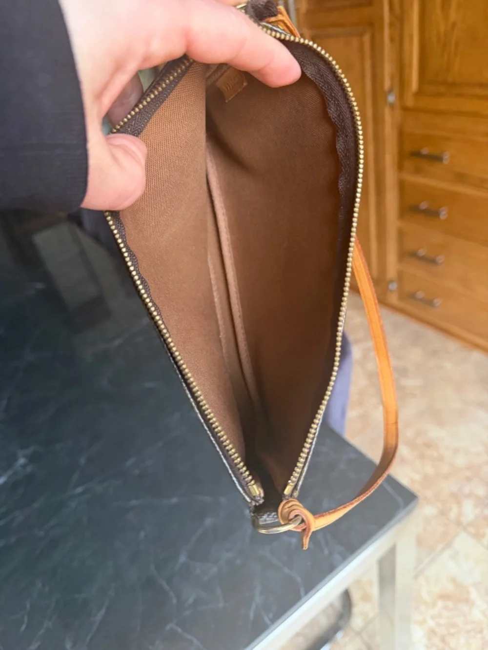 Louis Vuitton Monogram Canvas Mini Pochette with Tan Strap - Picture 9 of 12